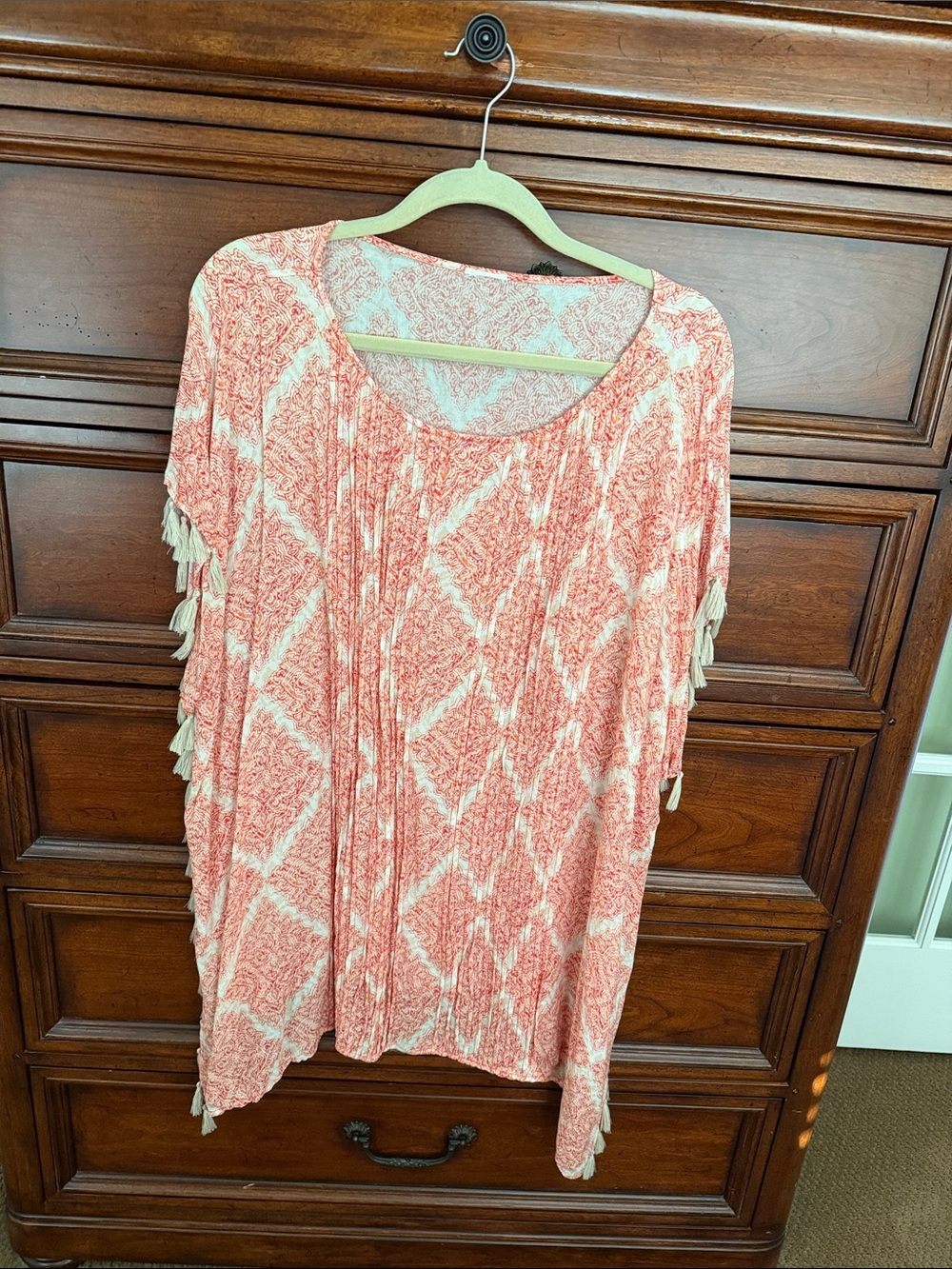 Coral Patterned Women’s Scoop Neck Poncho with Fringe, OS